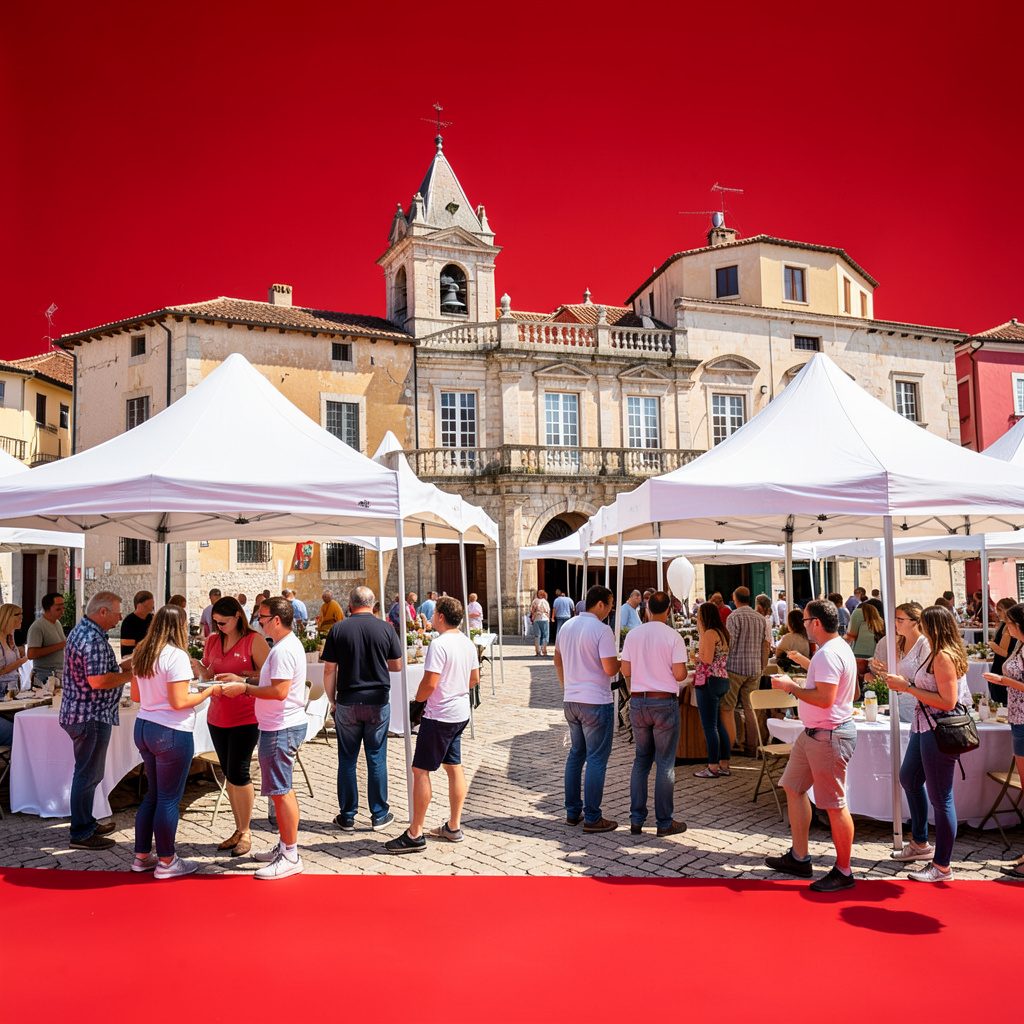 Plaza Telletxe en Getxo con carpas blancas y grupos de personas conversando, ambiente festivo y luminoso de día soleado